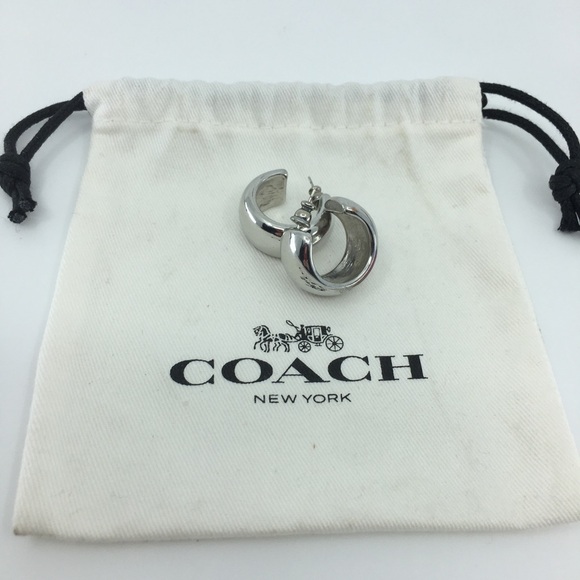 Coach Chunky Silver Tone Hoop Earrings with Dust Bag - Picture 3 of 12